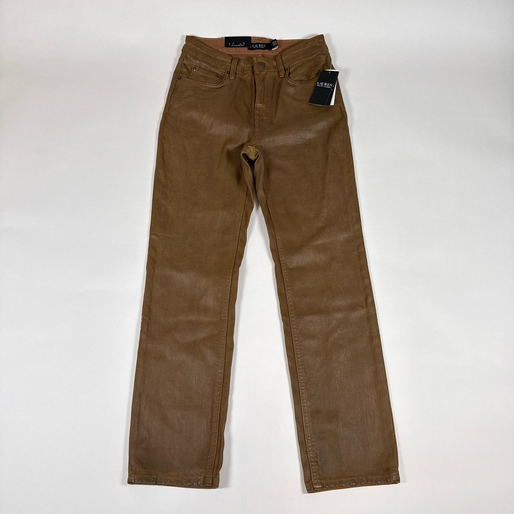 Ralph Lauren Jeans Womens 2 Brown Coated Straight Ankle Honey Tan Waxed Moto